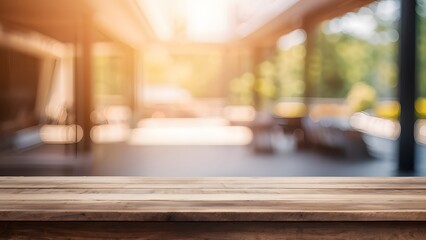 The wood table top on a blurred interior background	