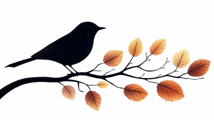 A Silhouette of a Bird Perched on a Branch with Autumn Leaves, a Minimalist Illustration Against a White Background
