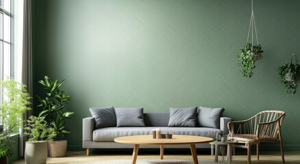 an interior of the apartment in a green color scheme, with plants and modern furniture. The dining table is made of oak wood, with a gray sofa and geometric wallpaper