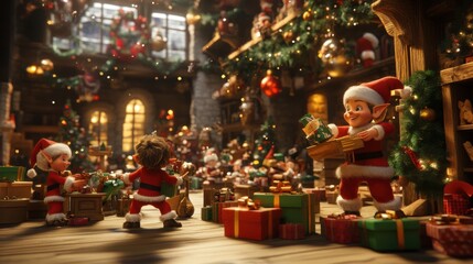 Fototapeta premium A 3D animated scene of elves wrapping gifts on a long table in Santa's workshop, with stacks