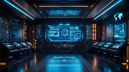 Obraz premium Futuristic control room with holographic displays showing food production metrics, glowing blue light, minimalistic style, 3D rendering, high-tech gadgets and AI systems