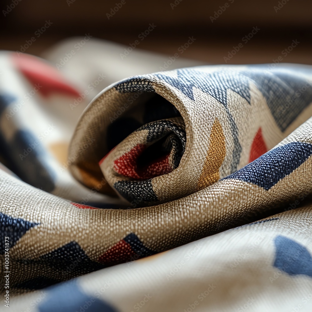 Poster rolled textile fabric with colorful patterns on a soft surface.