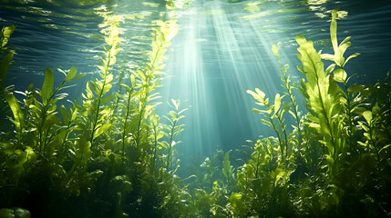 Fototapeta premium Sunlight Beams Through Lush Underwater Seaweed Forest