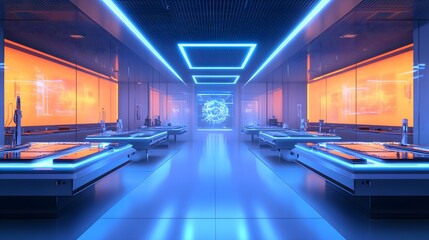 Obraz premium Food lab filled with sleek robots, scanning food trays with laser beams, holographic contamination reports, ultra-modern, metallic sheen, neon lighting, digital art