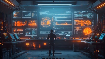 A digital dashboard showing holographic data of multiple production lines, surrounded by robotic workers, vibrant neon glow, intricate 3D rendering, dark cyberpunk industrial style
