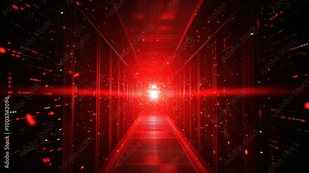 Poster a futuristic server room illuminated by red light, suggesting high-tech data processing.