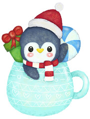 Christmas concept is A penguin wearing a red scarf and hat is in a blue mug. There is a gift box and candy in the background.