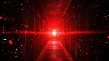 Obraz premium A futuristic server room illuminated by red light, suggesting high-tech data processing.