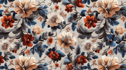 Colorful floral pattern with blue and red tones, seamless background