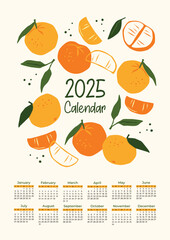 2025 calendar with abstract mandarins. Modern illustration. Vector template