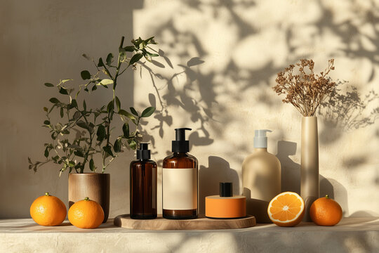 Stylish men's grooming display with natural elements and citrus accents in a serene setting