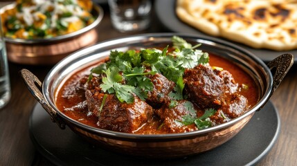 Fototapeta premium Flavorful Curry Dish with Fresh Herbs and Naan Bread