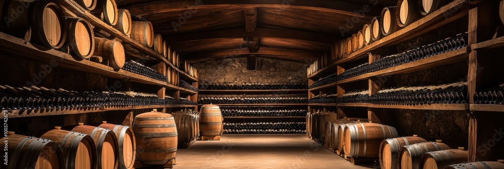 Poster a tranquil wine cellar showcasing wooden barrels and neatly organized shelves filled with various wi