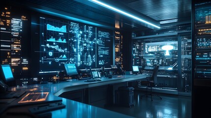 A sleek, high-tech control room in a futuristic food plant, where operators monitor quality control metrics via holograms
