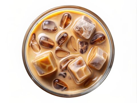 Iced coffee isolated on transparent background, top view, view from above, delicious iced latte coffee drink in glass cup with ice cubes, cold beverage, for cafe, coffee shop, menu