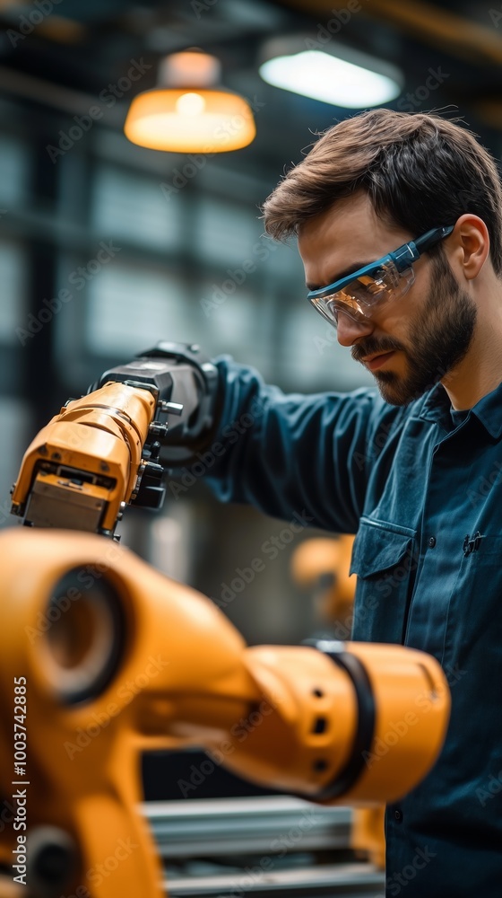 Poster engineer working on orange robotic arm in modern factory setting during daytime, focusing on precisi