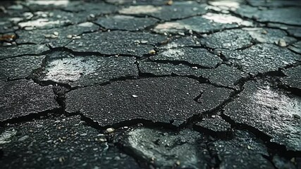 Example of poor road maintenance: high angle view of damaged asphalt road with cracks and a large deep pothole