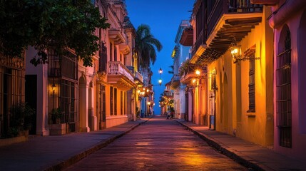 Obraz premium Nighttime Street Scene with Colorful Lights and Shadows