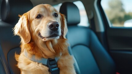 A golden retriever sitting in a car, wearing a seatbelt, looking content.