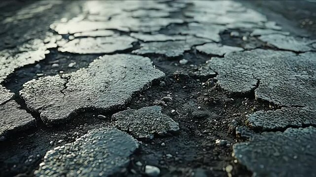 Example of poor road maintenance: high angle view of damaged asphalt road with cracks and a large deep pothole