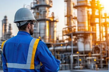 Engineer inspecting oil refinery at sunset