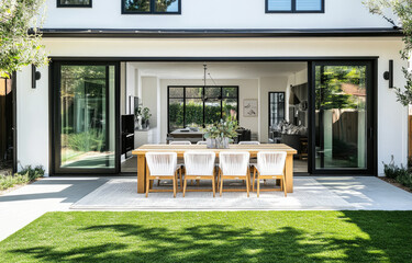 Beautiful outdoor patio of a modern farmhouse home with chairs, a table, and sliding glass doors. Bright white exterior walls with black windows and a door. 