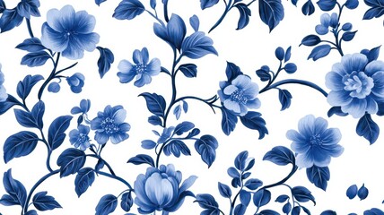 A blue floral pattern featuring various flowers and leaves on a white background, creating an elegant and artistic design.