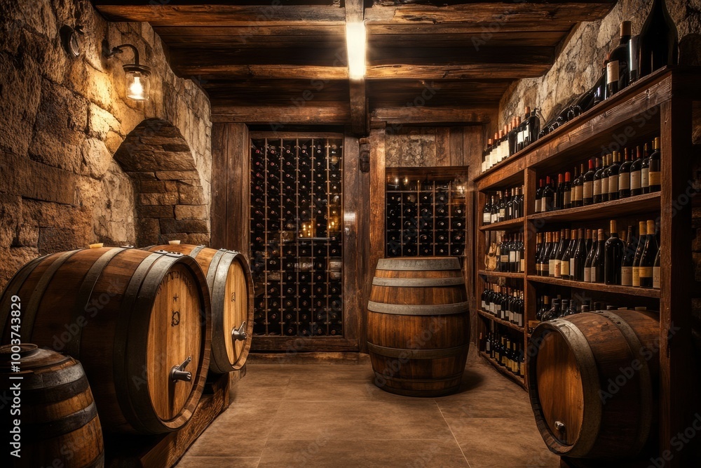 Poster explore a rustic wine cellar showcasing wooden barrels and neatly arranged wine bottles on sturdy sh