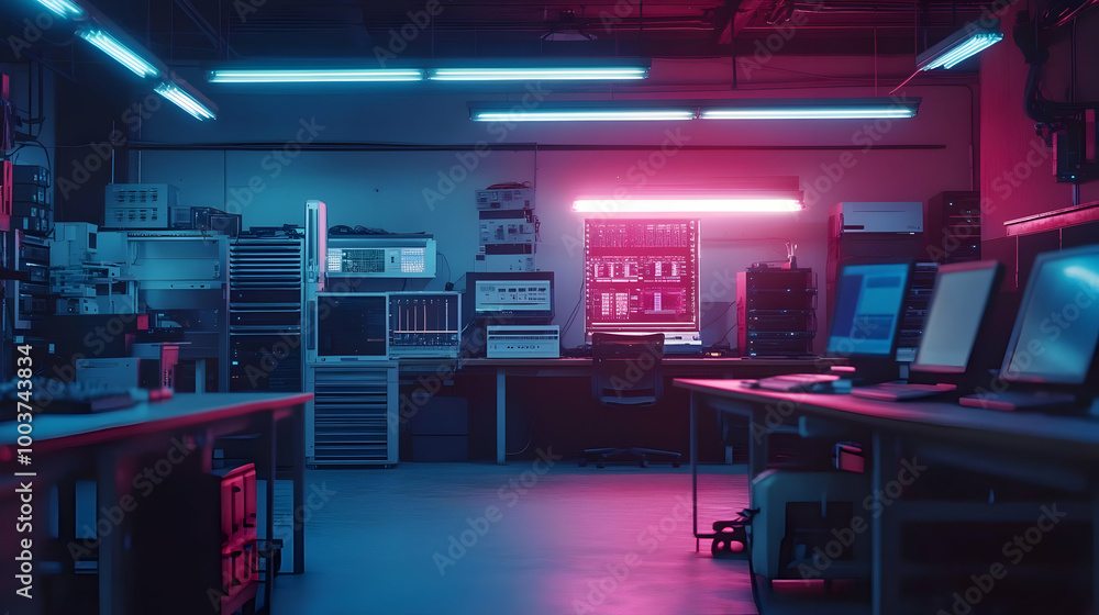 Poster neon lights illuminate a server room with computers