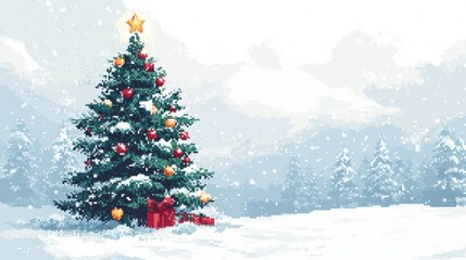 Fototapeta premium Christmas tree in pixel style with decorations, clean white background, tiny baubles and stars, space for text above, whimsical and minimal design.