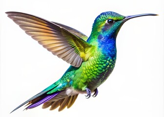 Fototapeta premium A stunning iridescent hummingbird with vibrant green and blue feathers, rapid wing movement, and delicate beak, against a clean white isolated background.
