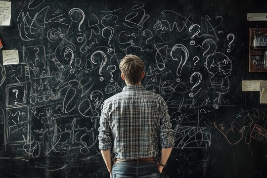 Man standing in front of blackboard with question marks