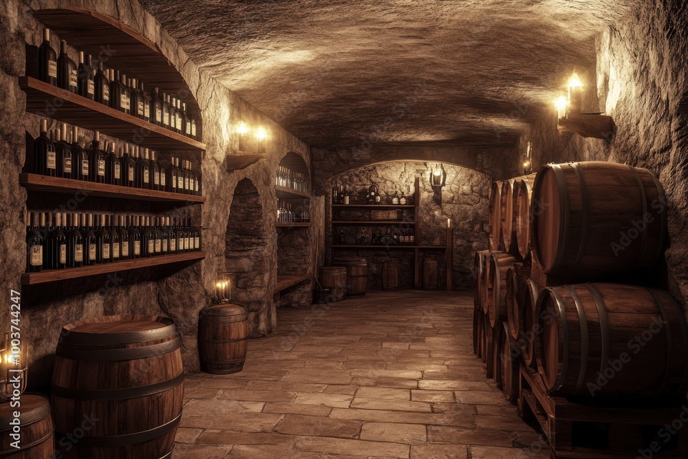 Poster explore the wine cellar featuring wooden barrels and neatly arranged wine bottles on shelves illumin