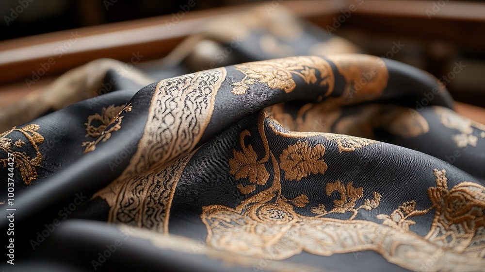 Poster ornate fabric close-up, displaying intricate patterns and textures.