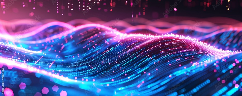 Fototapete Abstract background with a glowing digital wave of data and code, an AI technology concept. Futuristic landscape with binary code in neon colors. Glowing pixel light effect on a dark backdrop.
