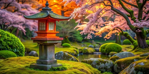 Obraz premium Vibrant orange toro lantern stands amidst lush greenery and moss-covered stones in a serene Japanese garden, surrounded by soft focus blooming cherry blossoms.
