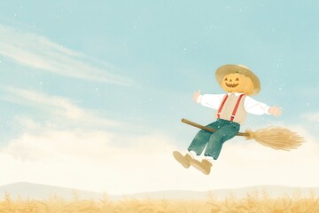 Pumpkin-headed scarecrow on a broomstick, gliding over a haunted cornfield, glowing jack-o'-lantern eyes, watercolor cartoon