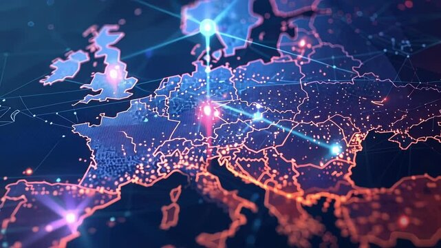 Abstract futuristic digital data visualization of europe map highlighting neural network connections and data analysis with a technological brain concept