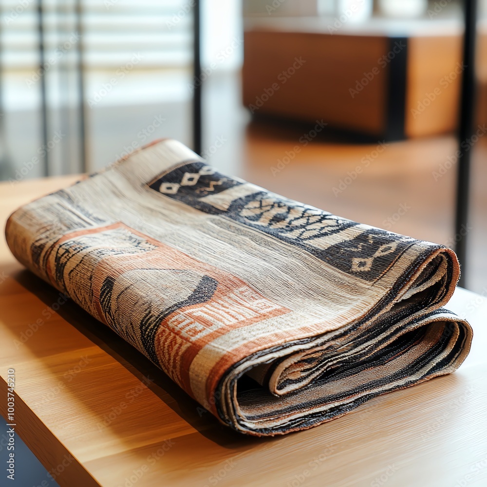 Poster folded blanket with intricate patterns on wooden table