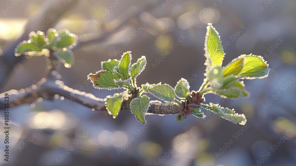 Poster Branch of small tree with growth of green leaves at end with frost and ice reflecting the sunlight