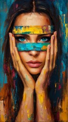  A painting of a woman with her hands covering her eyes and a blindfold in place