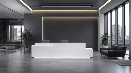 Fototapeta premium Modern White Reception Desk in Contemporary Office Space