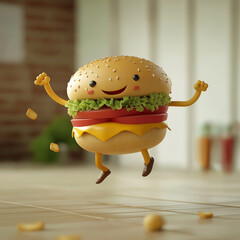 3D rendering of a dancing burger for burger ads