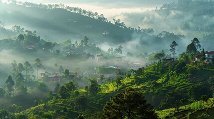 A serene misty morning in Kodaikanal Tamil Nadu with a clear view of the lush green hills under the gentle light of the rising sun