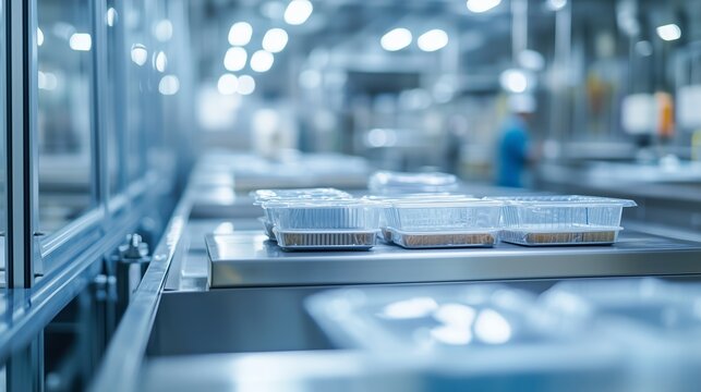 Food packaging in a modern processing facility with workers preparing meals during the daylight hours