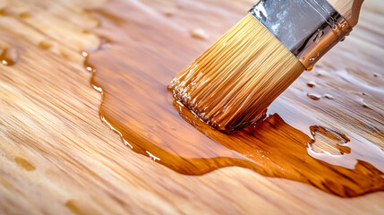 Close-up of a brush applying clear varnish to a smooth wooden surface, highlighting drops of polish on light pine while enhancing the natural grain