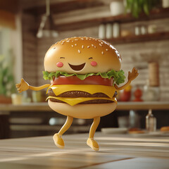 3D rendering of a dancing burger for burger ads