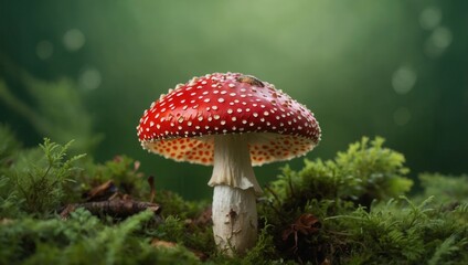 Single Amanita muscaria mushroom with red cap and white spots among green foliage