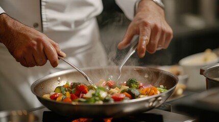 Chef Cooking Colorful Vegetables in Kitchen