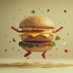 3D rendering of a dancing burger for burger ads